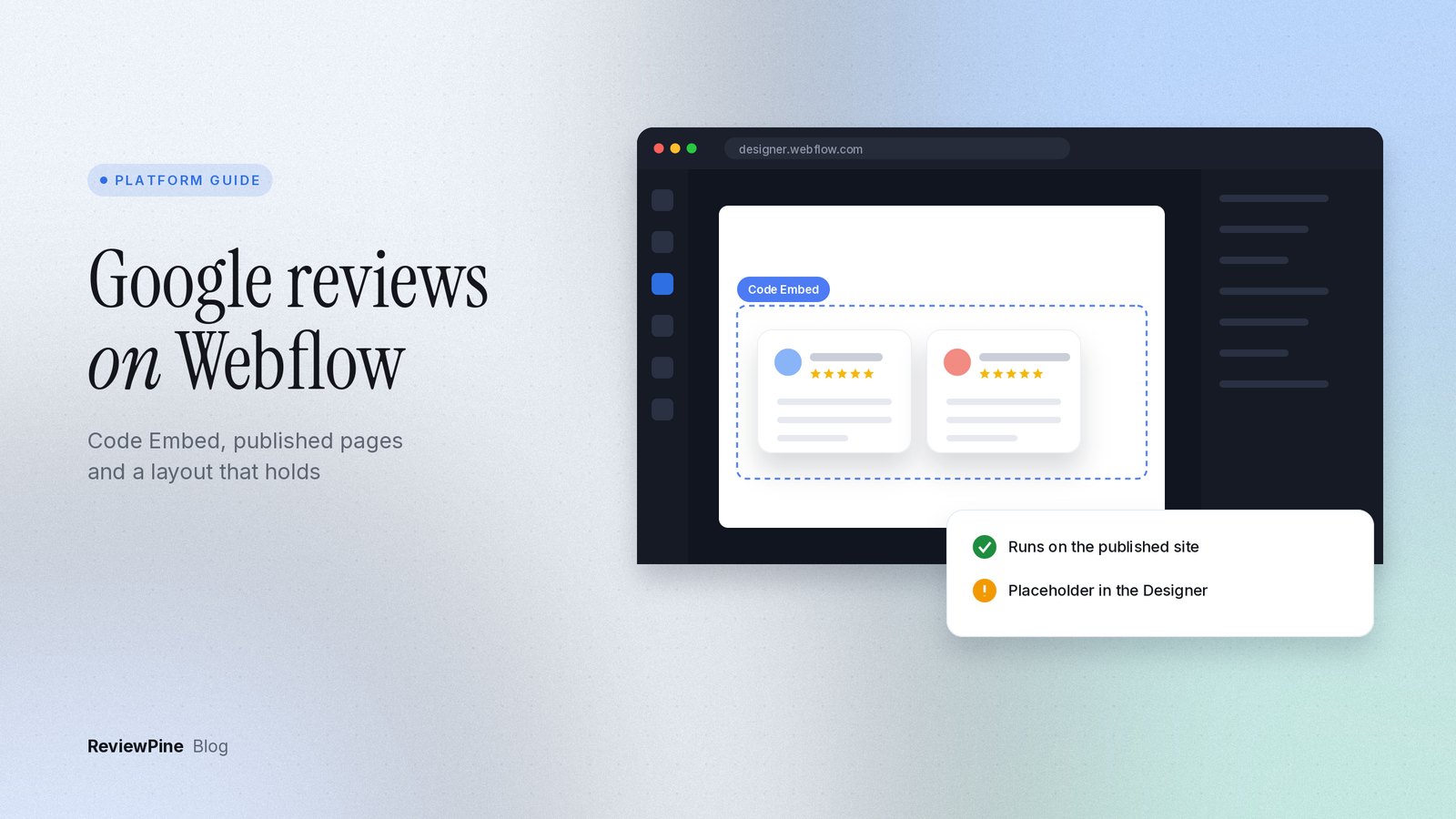 The Webflow Designer with a Code Embed placeholder inside a section, and the published page showing a grid of Google review cards