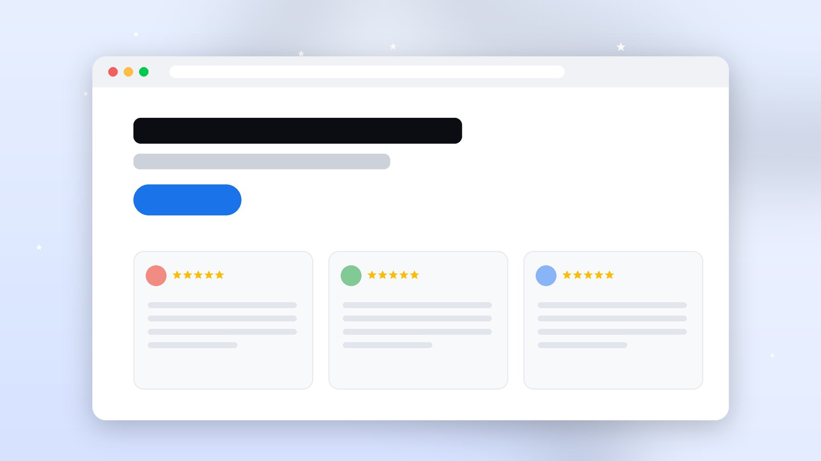 A website homepage with a strip of Google review cards under the main headline