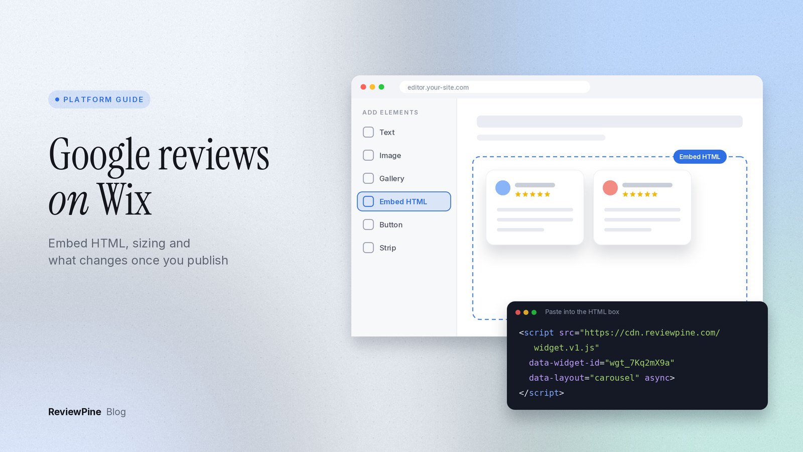 A Wix editor canvas with an Embed HTML box holding a row of Google review cards, and a phone preview beside it