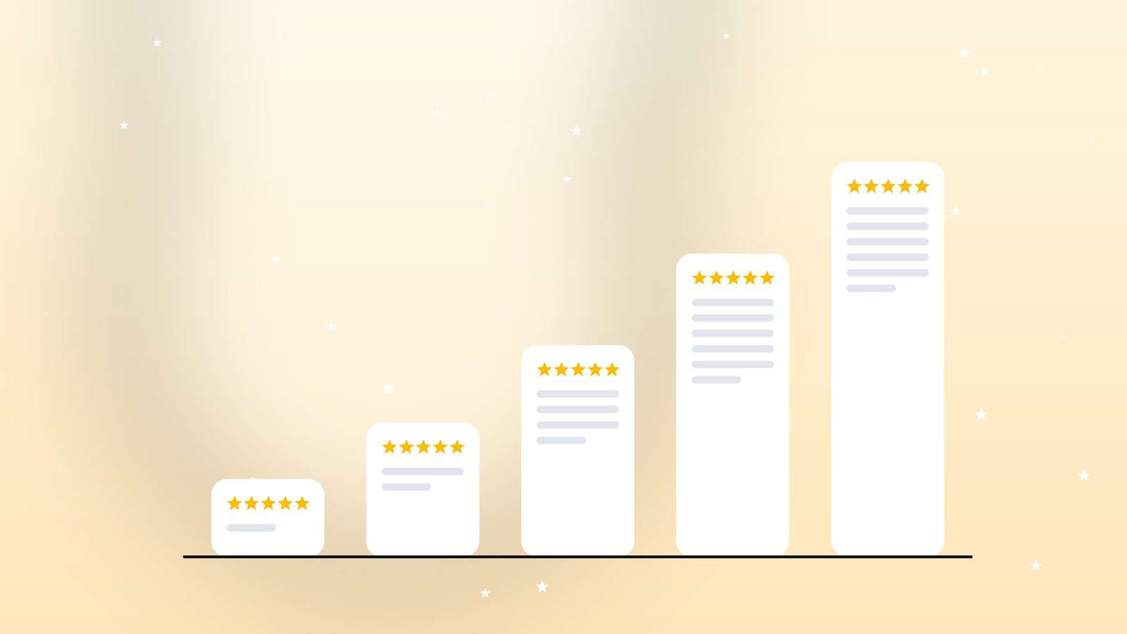 Rising bar chart made of small star-rated review cards