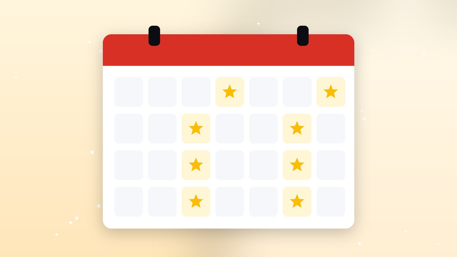 Calendar pages turning with new star-rated review cards appearing on each week