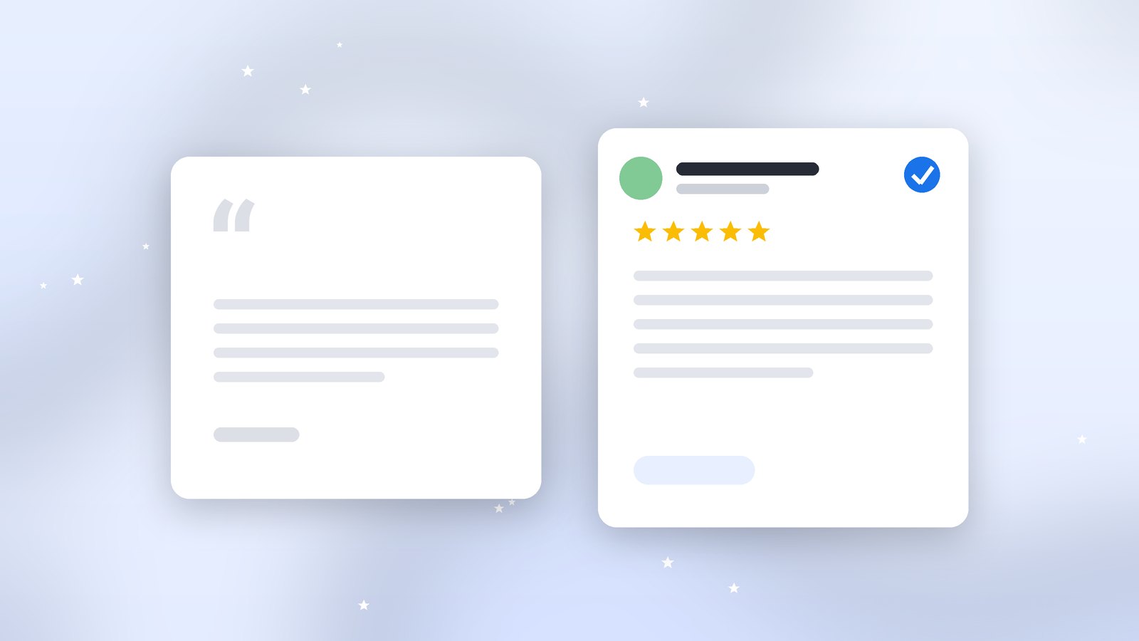 A plain quote card beside a Google review card with name, date and stars