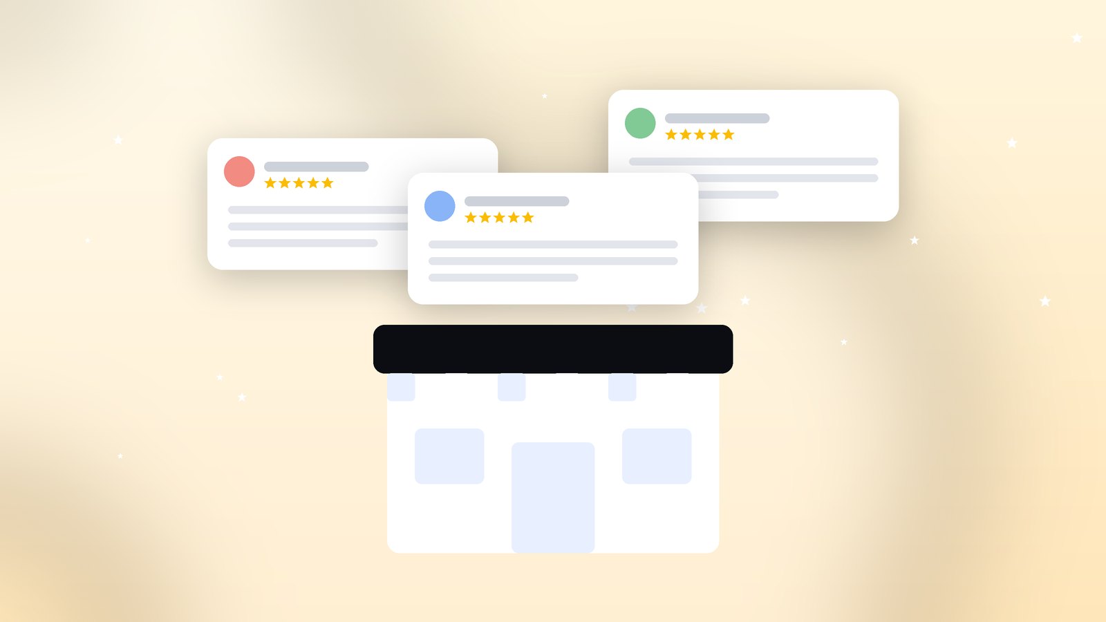 Illustration of a review card with five gold stars rising above a small shopfront